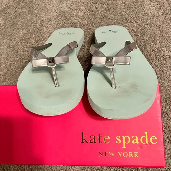 Kate Spade Happily Flip Flops Light Blue Eva Silver Bow Sz 7 - Picture 5 of 11